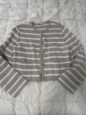 Abercrombie & Fitch Taupe and Cream Striped Cropped Cardigan